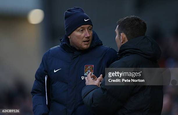 Northampton Town coach Paddy Kenny makes a point to the 4th official Lee Venamore during the Sky Bet League One match between Northampton Town and...