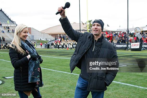 New Orleans Saints quarterback and former Purdue Boilermakers great Drew Brees and his wife Brittany address the crowd in the second half of the game...