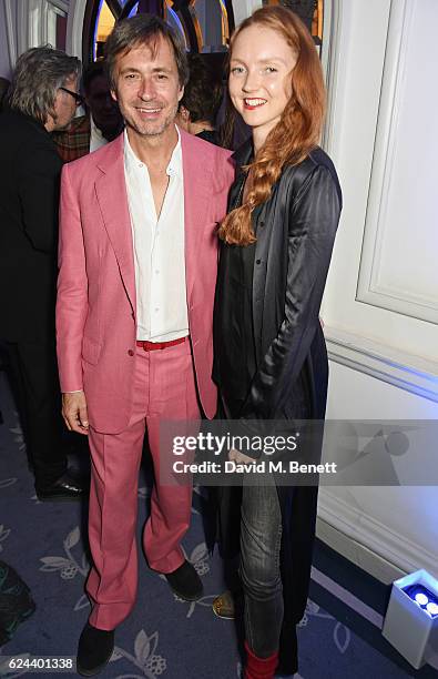 Marc Newson and Lily Cole attend Claridge's Christmas Tree 2016 Party, with tree designed by Sir Jony Ive and Marc Newson, at Claridge's Hotel on...