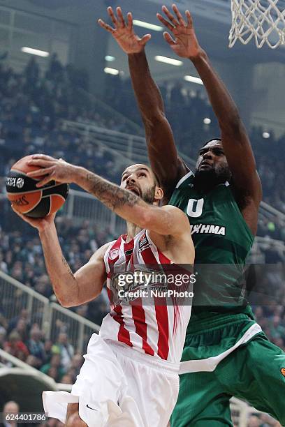 Chris Singleton of Panathinaikos tries to block Vassilis Spanoulis of Olympiacos during the Euroleague round 8, game between Panathinaikos Superfoods...