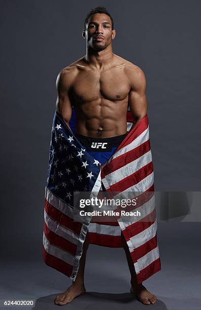 Kevin Lee poses for a portrait backstage after his victory over Magomed Mustafaev during the UFC Fight Night at the SSE Arena on November 19, 2016 in...