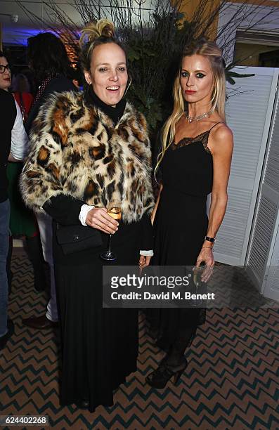 Bay Garnett and Laura Bailey attend Claridge's Christmas Tree 2016 Party, with tree designed by Sir Jony Ive and Marc Newson, at Claridge's Hotel on...