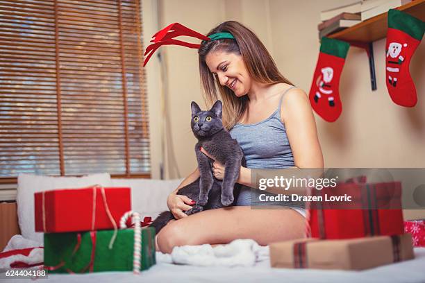 schwangere frau zu hause mit ihrer katze zu weihnachten - katze karton stock-fotos und bilder
