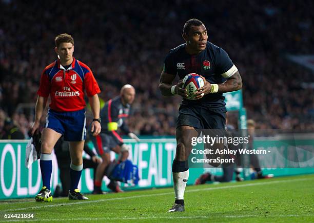 England's Semesa Rokoduguni in action during the Autumn International match between England v Fiji at Twickenham Stadium on November 19, 2016 in...