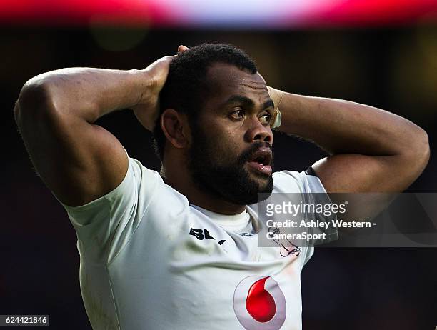 Fiji's Peceli Yato dejected as his side concede a try during the Autumn International match between England v Fiji at Twickenham Stadium on November...