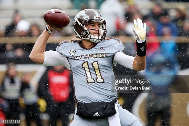 Zach Terrell of the Western Michigan Broncos throws a pass in the first quarter against the Buffalo Bulls at Waldo Stadium on November 19, 2016 in...