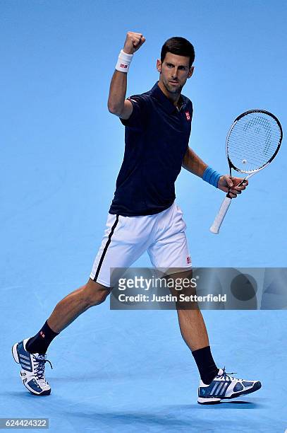 Novak Djokovic of Serbia celebrates defeating Kei Nishikori of Japan during their men's singles semi final on day seven of the ATP World Tour Finals...