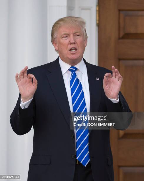 President-elect Donald Trump yells out to the media from the steps of the clubhouse of Trump National Golf Club November 19, 2016 in Bedminster, New...