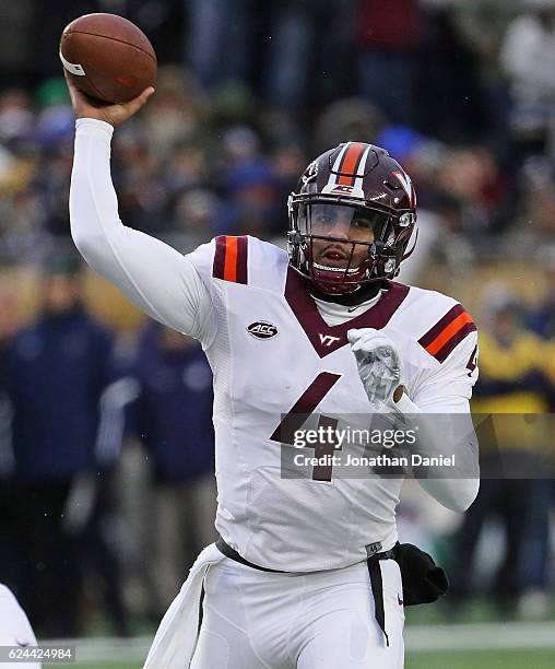 Jerod Evans of the Virginia Tech Hokies passes against the Notre Dame Fighting Irish at Notre Dame Stadium on November 19, 2016 in South Bend,...