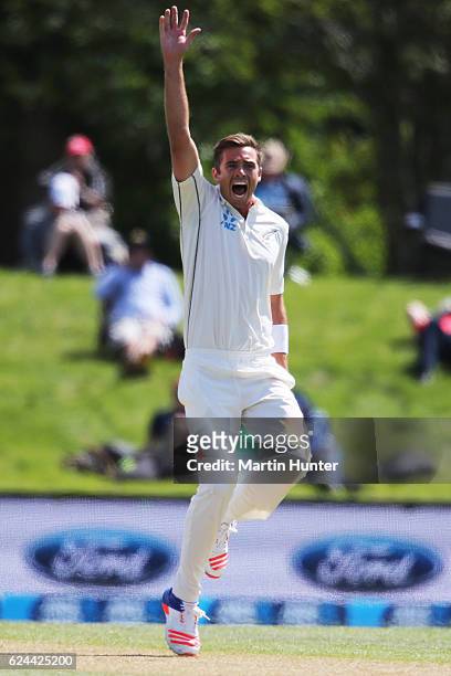 Tim Southee of New Zealand celebrates the wicket of Sohail Khan of Pakistan during day four of the First Test between New Zealand and Pakistan at...
