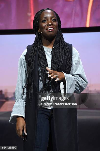 Founder & CEO of Travel Noire, Zim Ugochukwu speaks onstage during Insights from World Travelers at The Downtown Palace Theatre during Airbnb Open LA...