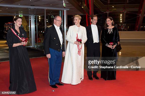 Princess Caroline of Hanover; Prince Albert II of Monaco, Princess Charlene of Monaco, Andrea Casiraghi and Tatiana Santo Domingo arrive at a Gala at...