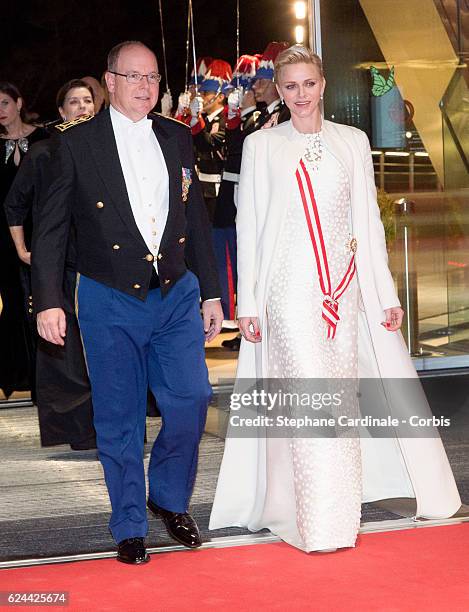 Prince Albert II of Monaco and Princess Charlene of Monaco arrive at a Gala at the Grimaldi Forum during the Monaco National Day on November 19, 2016...