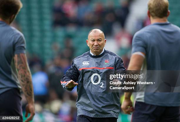 England's Head Coach Eddie Jones during the pre match warm up before the Autumn International match between England v Fiji at Twickenham Stadium on...