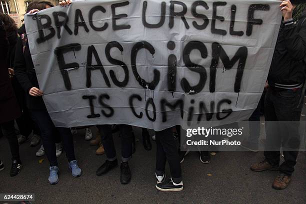 Sign with the quote "Brace yourself, Fascism is coming" is shown during anti-Trump protest on November 19, 2016