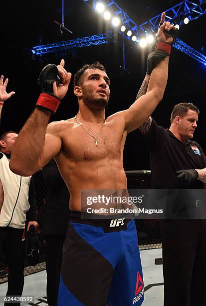 Gegard Mousasi of Iran celebrates his TKO victory over Uriah Hall of Jamaica in their middleweight bout during the UFC Fight Night at the SSE Arena...