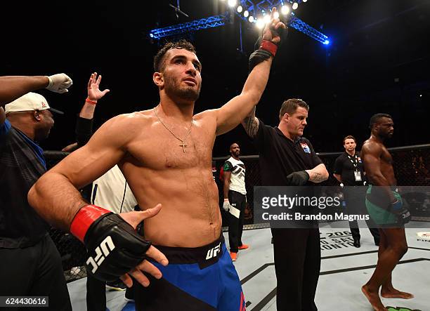 Gegard Mousasi of Iran celebrates his TKO victory over Uriah Hall of Jamaica in their middleweight bout during the UFC Fight Night at the SSE Arena...