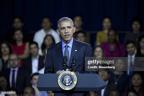 President Barack Obama speaks during a town hall meeting at the Pontifical Catholic University in Lima, Peru, on Saturday, Nov. 19, 2016. Obama says...