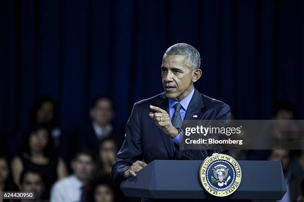 President Barack Obama speaks during a town hall meeting at the Pontifical Catholic University in Lima, Peru, on Saturday, Nov. 19, 2016. Obama says...