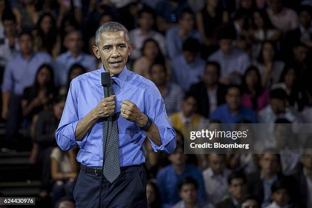 President Barack Obama speaks during a town hall meeting at the Pontifical Catholic University in Lima, Peru, on Saturday, Nov. 19, 2016. Obama says...