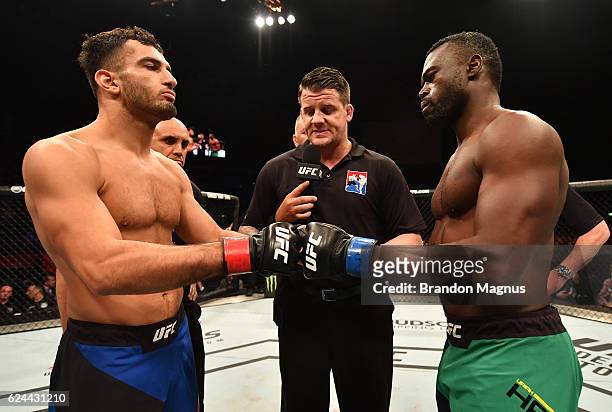 Opponents Gegard Mousasi of Iran and Uriah Hall of Jamaica face off prior to their middleweight bout during the UFC Fight Night at the SSE Arena on...