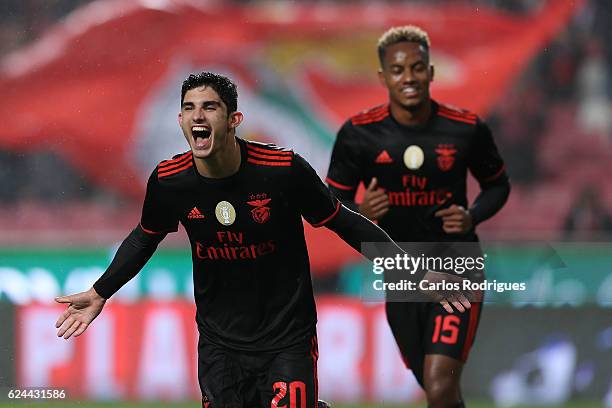 Benfica's forward Goncalo Guedes from Portugal celebrates scoring Benfica sixth goal during the SL Benfica v CS Maritimo - Portuguese Cup round 4...