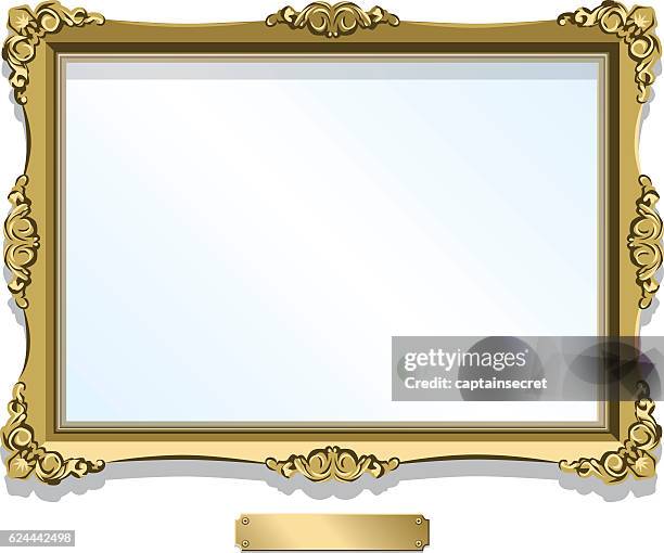 ilustrações, clipart, desenhos animados e ícones de quadro dourado dourado com placa isolada em branco - museu