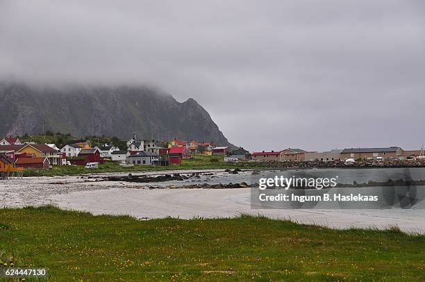 view from the beach on the village bleik along the national tourist road at andøya, county nordland. very cold summer day in northern norway. - norway national day 2016 stock pictures, royalty-free photos & images