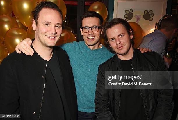 Nicholas Kirkwood, Erdem Moralioglu and Christopher Kane attend Jaime Perlman's birthday party at The Groucho Club on November 19, 2016 in London,...