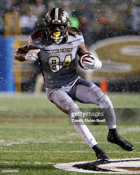 Corey Davis of the Western Michigan Broncos runs with the ball in the fourth quarter against the Buffalo Bulls at Waldo Stadium on November 19, 2016...