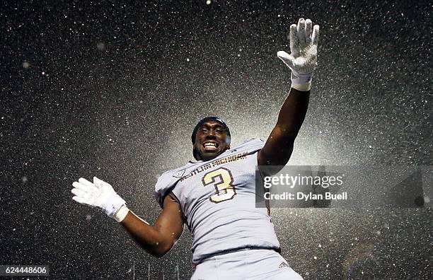 Fabian Johnson of the Western Michigan Broncos celebrates after beating the Buffalo Bulls 38-0 at Waldo Stadium on November 19, 2016 in Kalamazoo,...