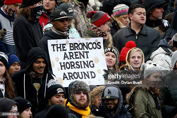Western Michigan Broncos fans hold a sign during the game between the Western Michigan Broncos and the Buffalo Bulls at Waldo Stadium on November 19,...