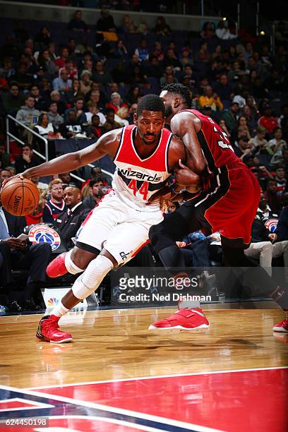 Andrew Nicholson of the Washington Wizards drives to the basket during a game against the Miami Heat on November 19, 2016 at the Verizon Center in...