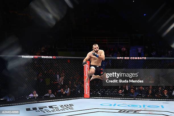 Gadzhimurad Antigulov of Russia celebrates victory over Marcos Rogerio de Lima of Brazil after their light heavyweight bout at the UFC Fight Night...