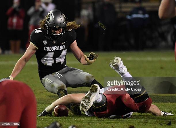 November 19: Colorado Buffaloes linebacker Addison Gillam eyes the football and eventually recovers a fumble in fourth quarter from Washington State...