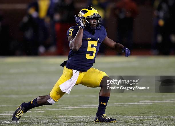 Jabrill Peppers of the Michigan Wolverines celebrates a second half sack while playing the Indiana Hoosiers on November 19, 2016 at Michigan Stadium...