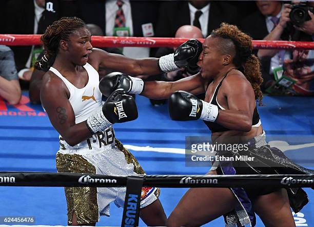 Claressa Shields hits Franchon Crews with a left in the second round of their super middleweight bout at T-Mobile Arena on November 19, 2016 in Las...