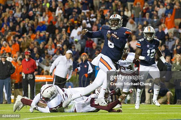 Quarterback Jeremy Johnson of the Auburn Tigers runs the ball for a touchdown against the the Alabama A&M Bulldogs at Jordan-Hare Stadium on November...