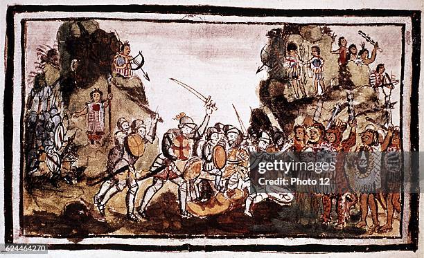 Hernando Cortes Spanish conquistador attacking natives in Mexico.