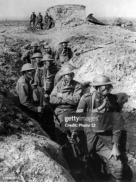 Australian infantry, small box respirators at The First World war Battle of Ypres.