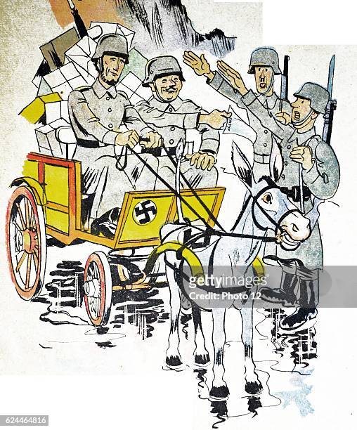 Illustration by Loys Petillot celebrating the struggle for liberty in Alsace & Lorraine at the end of world war Two. German soldiers salute a passing...