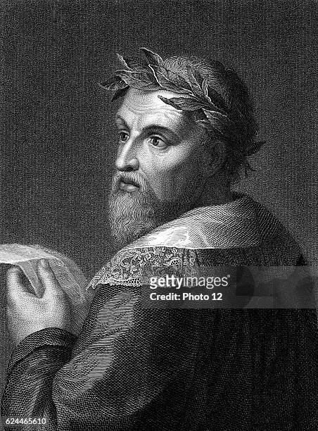 Ludovico Ariosto Italian poet; author of the epic poem "Orlando Furioso" . Portrait engraving showing him wearing laurel crown.