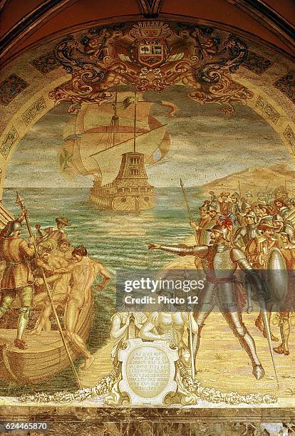 Francisco Pizarro Spanish conquistador. Pizarro and his soldiers on the island of Gallo. Mosaic from Pizarro's tomb in Lima Cathedral.