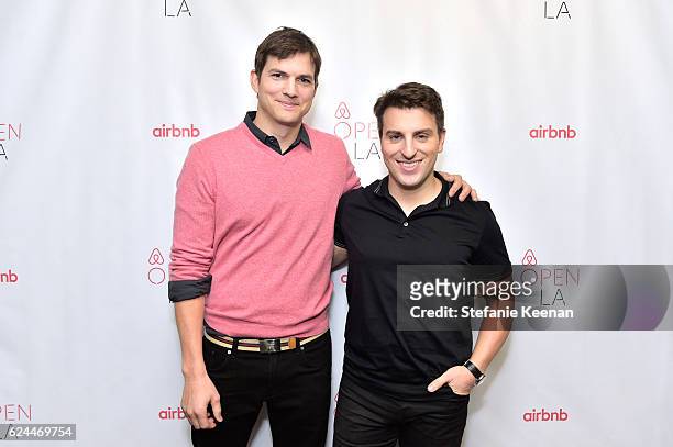 Actor Ashton Kutcher and Co-Founder & Chief Executive Officer, Airbnb, Brian Chesky attend The Game Plan: Strategies for Entrepreneurs at The Orpheum...