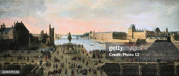 Anonymous, Flemish school. View of the Pont Neuf, Paris. Statue of Henry IV at point where the bridge touches the Ile de la Cite, Louvre on right....