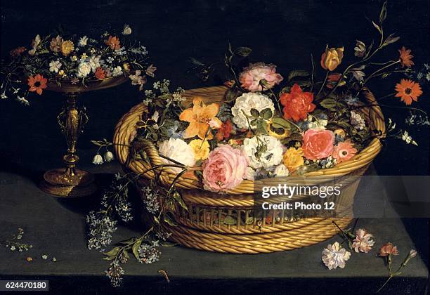 Jan Brueghel the Younger, Flemish school. Still Life: Silver-gilt tazza and gilded basket of flowers. Oil painting.