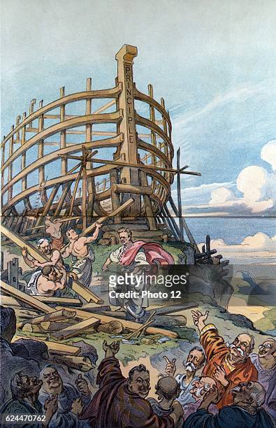 The building of the ark by Udo Keppler, 1872-1956, artist. Published by Puck July 28th. Illustration shows a group of men, scoffers, labelled...