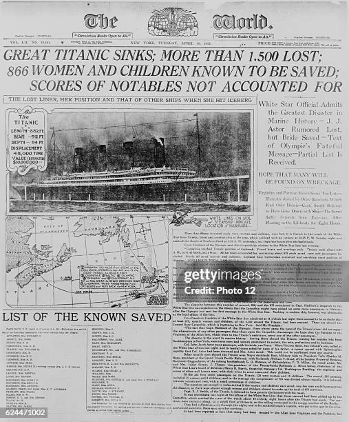 Photograph of front page of The world 16 April 1912 headlining the sinking of the Titanic.