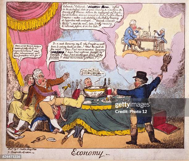 Economy by George Cruikshank, 1792-1878, artist. Published: London 1816. Print: etching, hand-coloured. Brougham, in the guise of John Bull, appears...