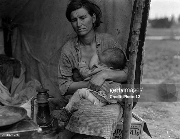 Migrant agricultural worker's family. Seven children without food. Mother aged thirty-two. Father is a native Californian. Nipomo, California 1936....